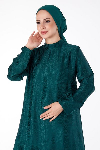 TOFİSA Green Ruffle Detailed Straight Chief Collar Women's Dress - 25602