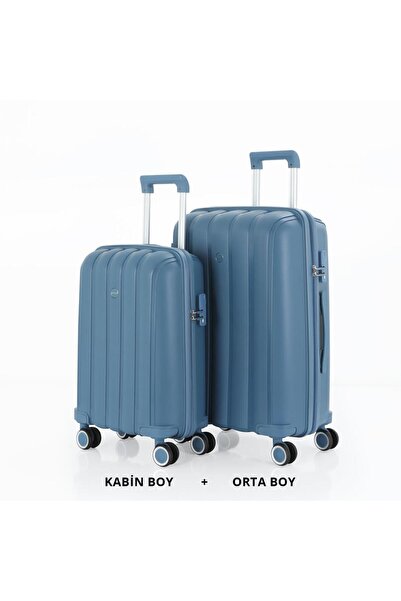 MÇS Bavul Orta ve Kabin 2li Set Kırılmaz Silikon Valiz V305 SkyBlue