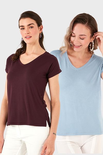 Lela V-Neck Relaxed Fit Slit Detailed 2'Li Package Blouse Bluz 5862000S2