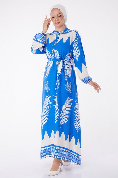 TOFİSA Patterned Belted Dress Blue - 26015