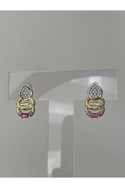 JELLY Women's Steel Gold Color Sparkling Red Stone Detailed Stylish Vintage Earrings