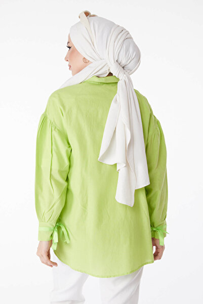 TOFİSA Green Balloon Sleeve Lace Detailed Women's Shirt - Straight Shirt Collar 13161