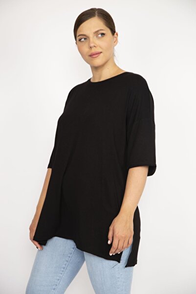 Şans Women's Black Plus Size Side Slit Short Sleeve Blouse 65n36629