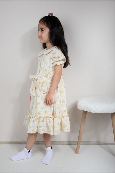 KİDSPİTİRCİK Girl's Ecru Flower Patterned Muslin Fabric Dress (100% Cotton)