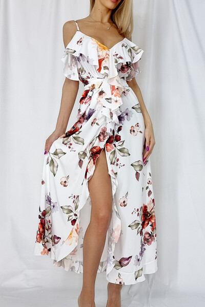 FashionForYou Μακρύ φόρεμα Georgia με άνοιγμα στο μπατζάκι, λευκό