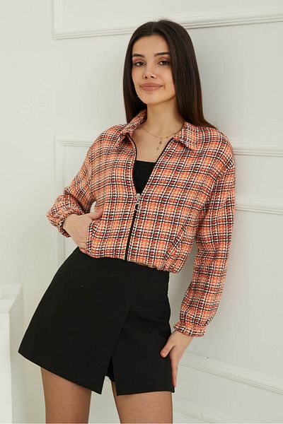 TOFİSA Women's Polo Neck Plaid Patterned Zippered Jacket Orange - 13362