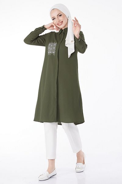 TOFİSA Pocket Embroidery Detailed Tunic Khaki - 13123