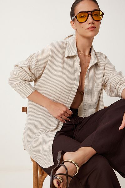 Lovelyİstanbul Cămașă de muselină oversize cu dungi CREAM BISCUIT LSA0012