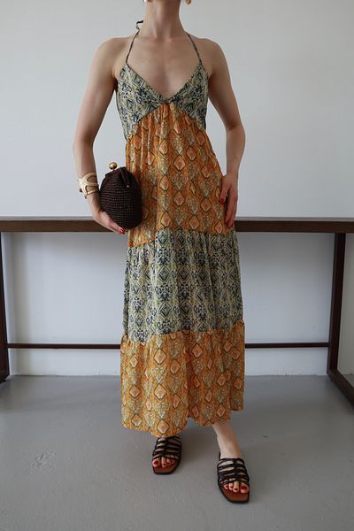 LOISY Rochie de damă Frida cu model, cu bretele, decolteu, cu legături la spate, lungime maxi