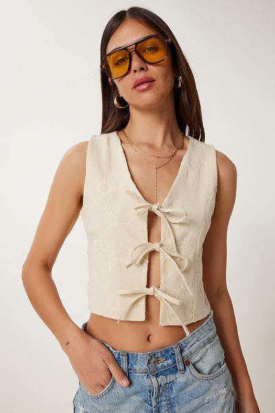 Lovelyİstanbul Embroidery Embroidered Linen Vest Cream Lhf0025