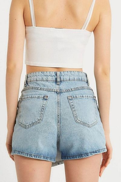TugsatTasarTekstil Pantaloni scurți din denim pentru femei, albastru deschis, cu talie înaltă, cu închidere la două piept, fără licra