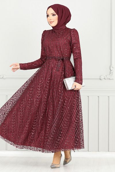 ModaMerve Βραδινό φόρεμα με ασημί ζωνάκι 5688END900-M Claret Red