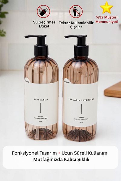 homence Dishwashing Detergent and Liquid Soap Labeled Pump Plastic Bottle Set of 2 Light Brown 500 ml