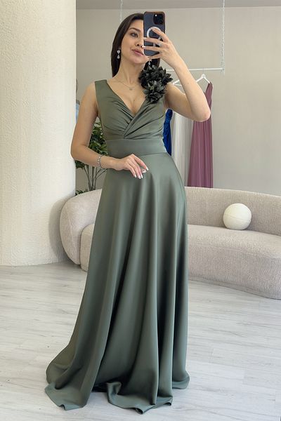 the ZKS Women's Double Breasted Collar Shoulder Flower Detailed Satin Evening Dress Khaki, Burgundy, Baby Blue