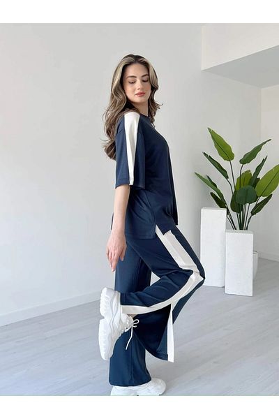 HARMONY GLOBAL Anthracite Striped Modal Fabric Double Set with Leg Slits and Relaxed Cut