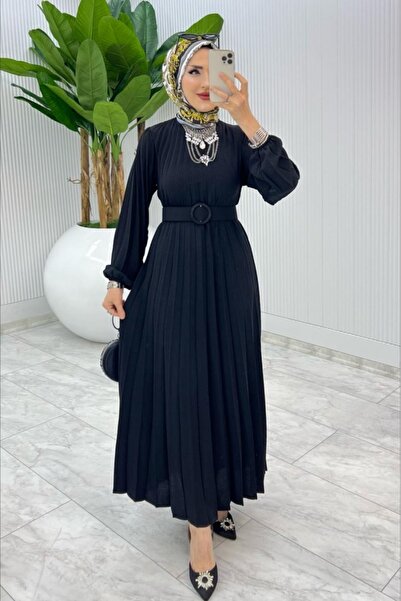 Safgiyim44 Kadın Giyim Piliseli Kemerli Elbise Siyah