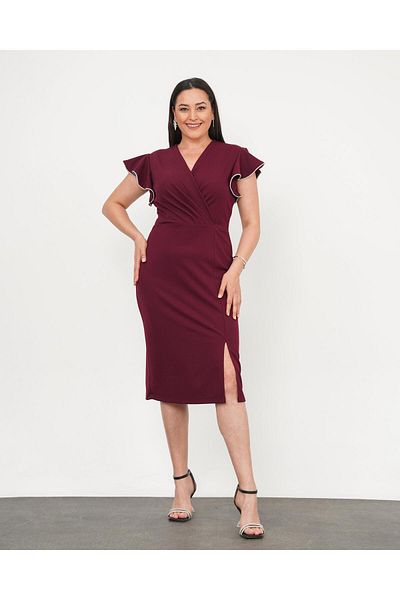 Butik Nilyam Women's Plus Size Double Breasted Collar Sleeve Stone Detailed Slit Midi Evening Dress 24771