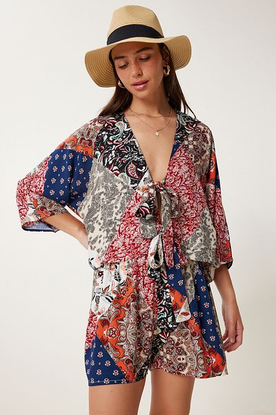 Lovelyİstanbul Patterned Summer Crop Shorts Set Red Navy Blue Lje0001