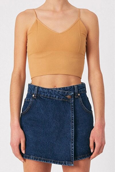 TugsatTasarTekstil Kadın Koyu Mavi Yüksek Bel Kruvaze Kapamalı Jean Şort Etek Likrasız