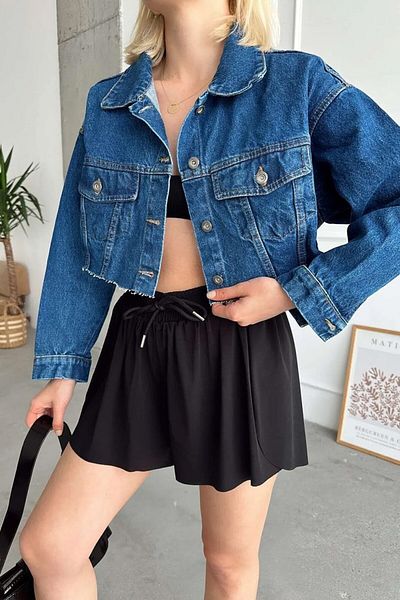 TOFİSA Jachetă de damă cu buzunar dublu, tăiată cu laser, din denim, albastru închis - 26582