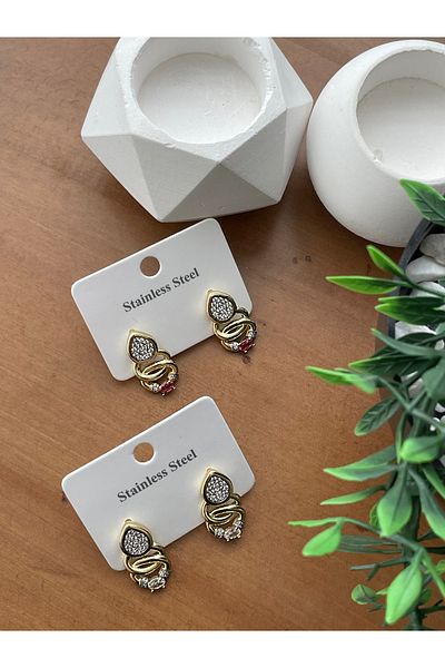 JELLY Women's Steel Gold Color Sparkling Red Stone Detailed Stylish Vintage Earrings