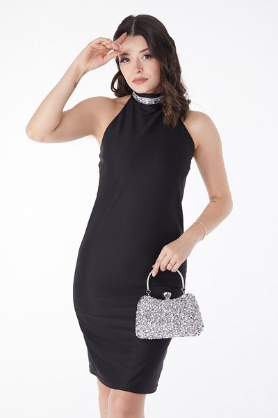 TOFİSA Stone Detailed Evening Dress Black - 13173