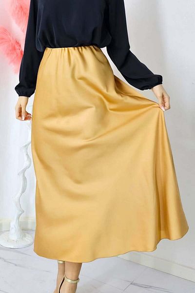 FashionForYou Fustă elegantă Penelope, cu textură satinată și croială lungă, bej, mărime S/M/L