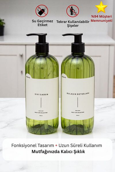 homence Plastic Bottle Kitchen Set with Dishwashing Detergent and Liquid Soap Label 2-Piece Green Soap Dispenser 500 ml