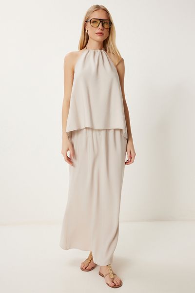 Lovelyİstanbul Modal Blouse Skirt Set Stone Lhl0006