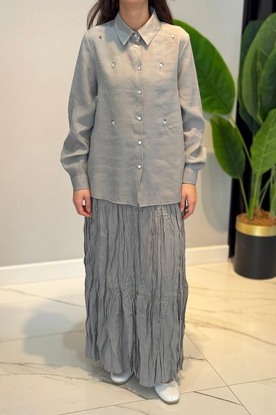 Ceremony Button Embroidered Cupra Suit with Crash Skirt 59141 Gray