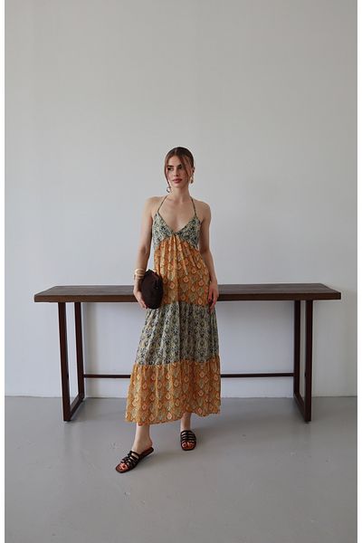 LOISY Rochie de damă Frida cu model, cu bretele, decolteu, cu legături la spate, lungime maxi