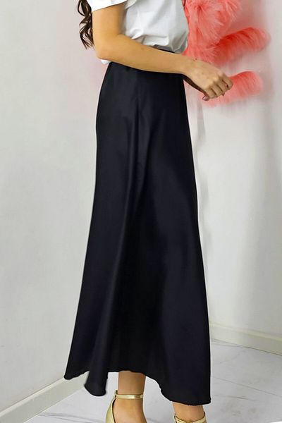 FashionForYou Fustă elegantă Penelope, cu textură satinată și croială lungă, Negru, Mărime S/M/L