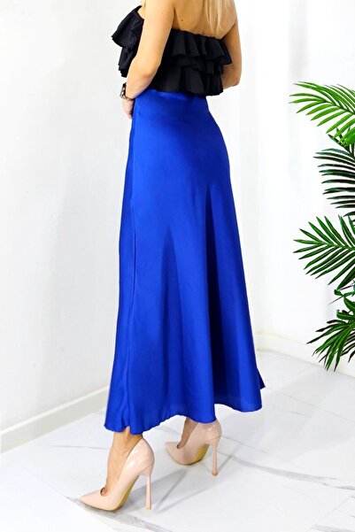 FashionForYou Fusta eleganta Penelope, cu textura satinata si croi lung, Albastru royal