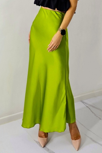 FashionForYou Elegant Penelope skirt, with satin texture and long cut, Olive green, Size S/M/L