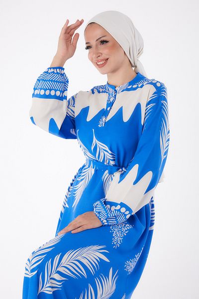 TOFİSA Patterned Belted Dress Blue - 26015