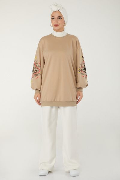 TOFİSA Women's Crew Neck Sleeves Embroidery Detail Sweat - 23129