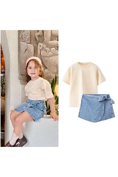 2kids2mom Laciel Paris Light Blue Skirted Denim Shorts and Cream Tshirt Eid Girl's 2'Liset