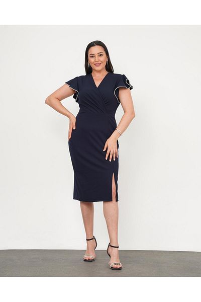Butik Nilyam Women's Plus Size Double Breasted Collar Sleeve Stone Detailed Slit Midi Evening Dress 24771