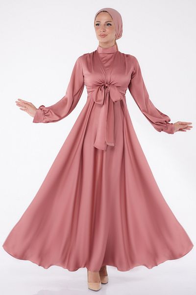 TOFİSA Front Tie Evening Dress Rose - 25342