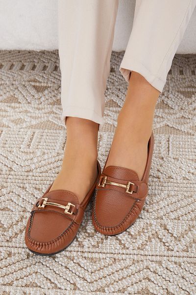 TOFİSA Tan Colored Women's Ballerinas - Chain Buckle, Light and Comfortable Sole - 24578
