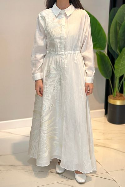 Ceremony Kraşlı Patterned and Plain Combination Long Monarch Dress with Elastic Waist 5706 Ecru