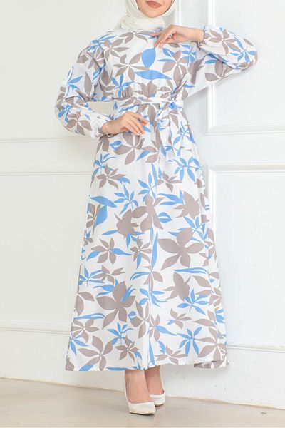 TOFİSA Patterned Gathered Dress White - 26621