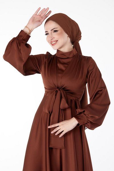 TOFİSA Front Tie Evening Dress Brown - 25342