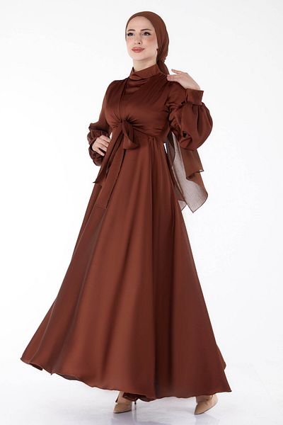 TOFİSA Front Tie Evening Dress Brown - 25342