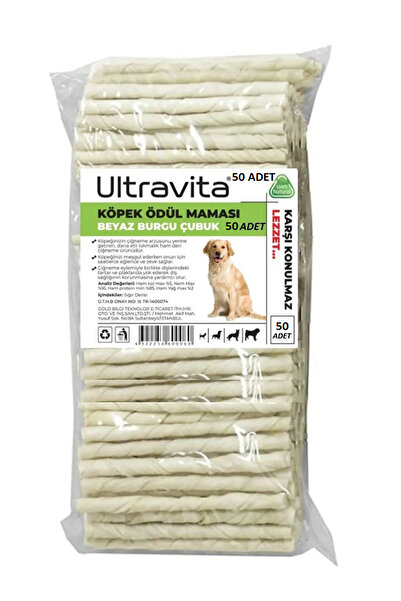 ULTRAVİTA Beyaz Burgu Çubuk Köpek Ödül Kemiği Maması %100 Doğal Lezzet 50'li Mega 2'li Paket 600 Gr