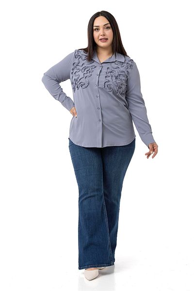 DISENTIS MODEST Large Size Gray Shirt with Embossed Fabric Detail