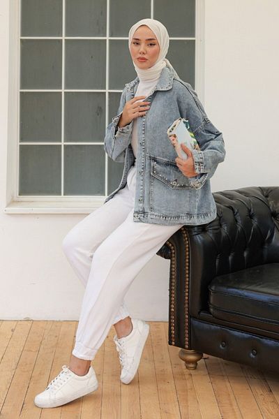 TOFİSA Plain Medium Women's Light Blue Stone Denim Jacket - 26572