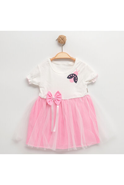 neocotton Tüllü Astarlı Uğur Böcekli Kız Bebek Çocuk Kısa Kollu Elbise