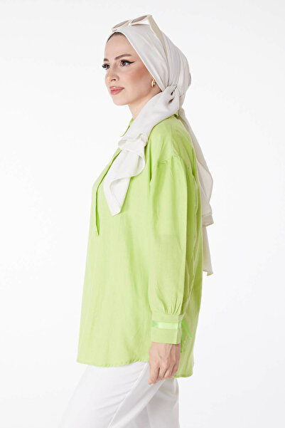 TOFİSA Green Balloon Sleeve Lace Detailed Women's Shirt - Straight Shirt Collar 13161