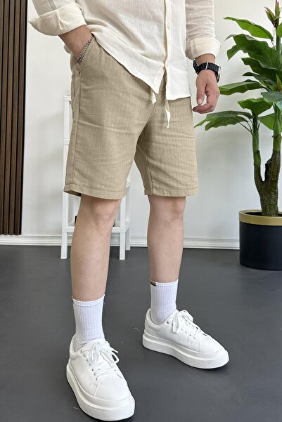 Edwox Men's Elastic Waist Linen Fabric Shorts Brown Edw370